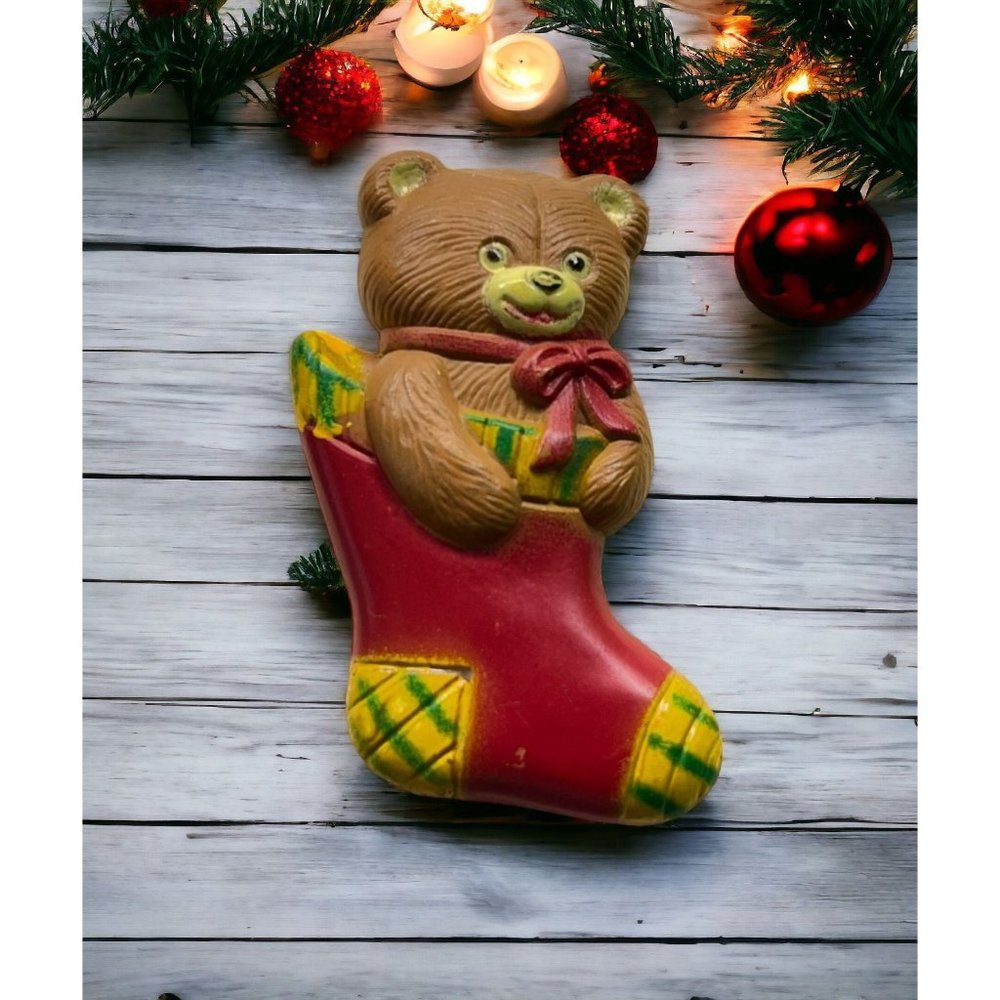 Teddy Bear in Christmas Stocking Brooch Pin Vintage Holiday